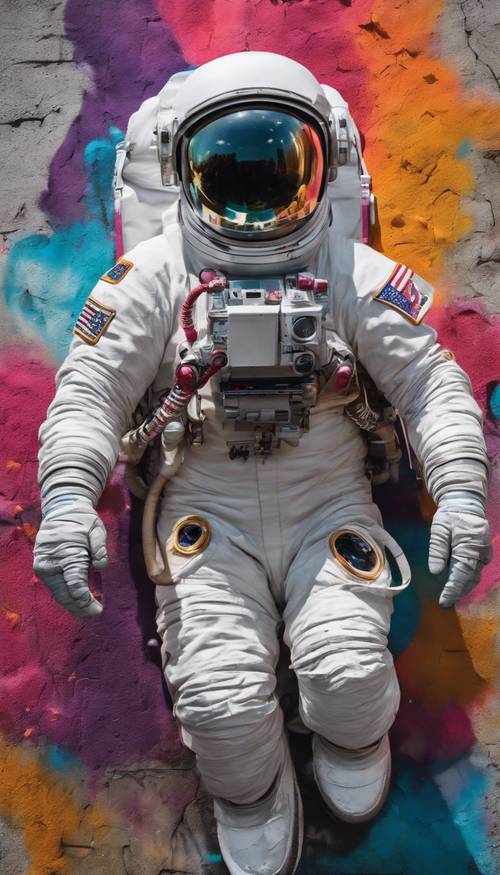 Murale graffito dettagliato su un muro di cemento ruvido, raffigurante un astronauta che fluttua in una galassia dai colori vivaci.