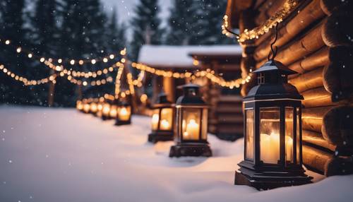 雪道に並んだクリスマスランタンで暖かい光が灯る、古びた小屋への道