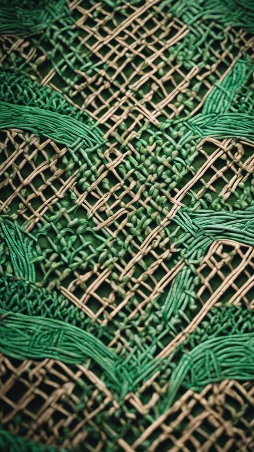 Patrones celtas tejidos intrincadamente con hilos de color verde esmeralda.