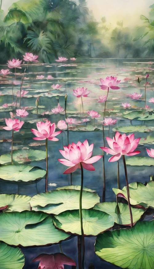 这是一幅迷人的水彩画，描绘的是宁静的荷花池，池中盛开着大量粉红色的荷花和绿色的睡莲叶。