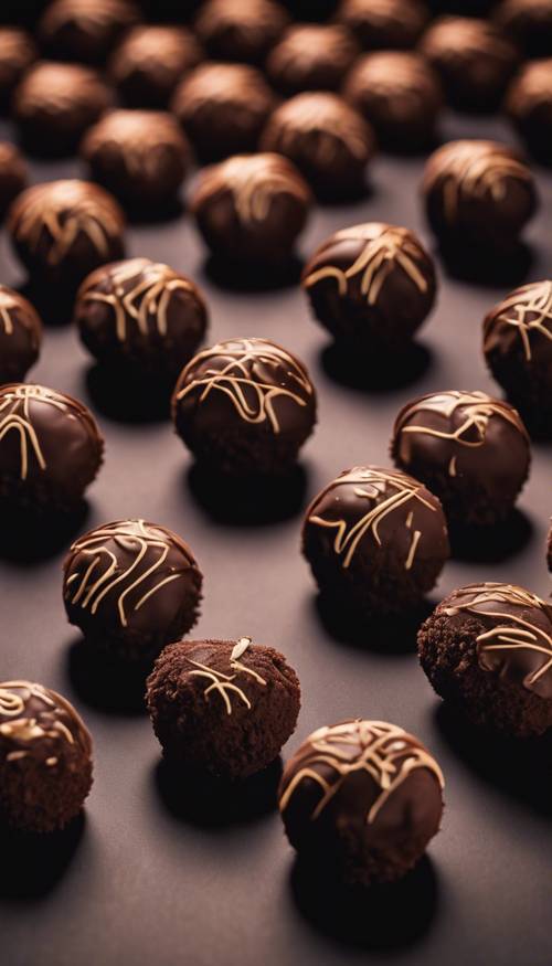 Dark chocolate truffles with cream filling arranged in a symmetrical pattern, placed on a black silk background