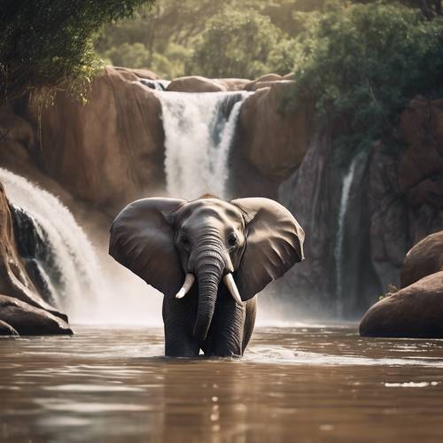 مشهد مؤثر لفيل صغير بابتسامة كبيرة ومشرقة يلعب تحت شلال أنيق في مناظر طبيعية أفريقية هادئة.