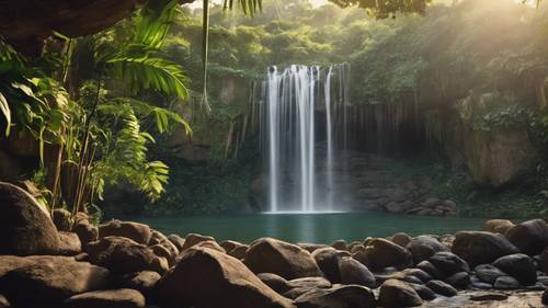 Una serena cascada en la jungla al amanecer con la frase &#39;Vivir en paz se trata de vivir en el ahora&#39; tallada en las rocas circundantes.