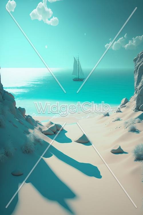 Sunny Beach and Sailboat in Turquoise Ocean Waters Wallpaper[308ff2e87d8c4a14aca9]