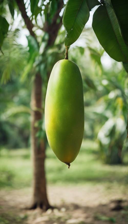 Сочное зеленое манго соблазнительно свисает с дерева среди пьянящей зелени тропического сада.
