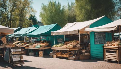 Farmer's market stalls made from aged teal-colored wood.