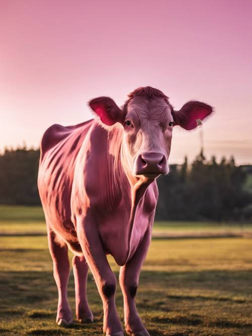 Ein Foto, das den Schatten einer rosa Kuh zur goldenen Stunde einfängt.