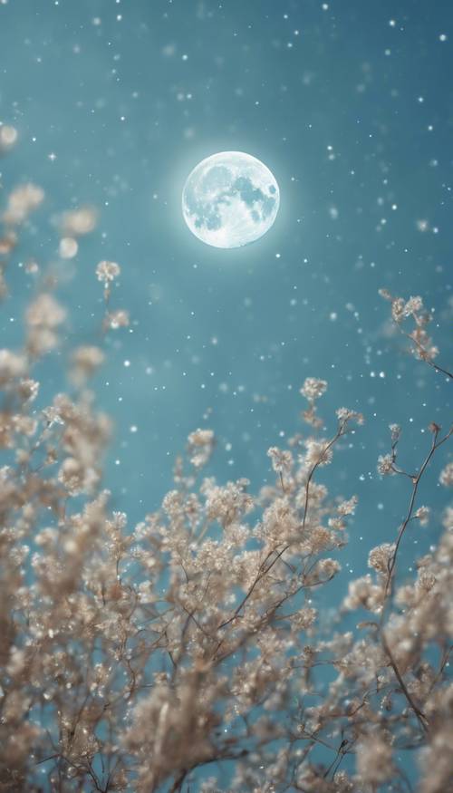 Un cielo azul claro de ensueño con una luna llena brillante y un puñado de estrellas.