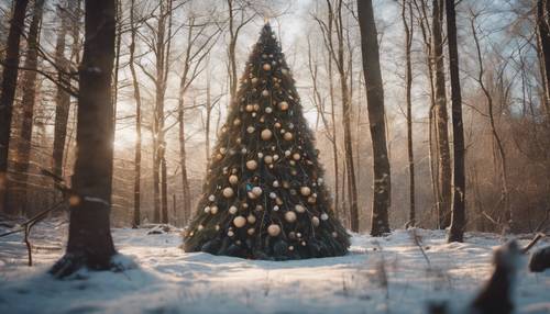 Un árbol de Navidad adornado en medio de un claro del bosque, brillando intensamente y atrayendo a las criaturas del bosque con su calidez.