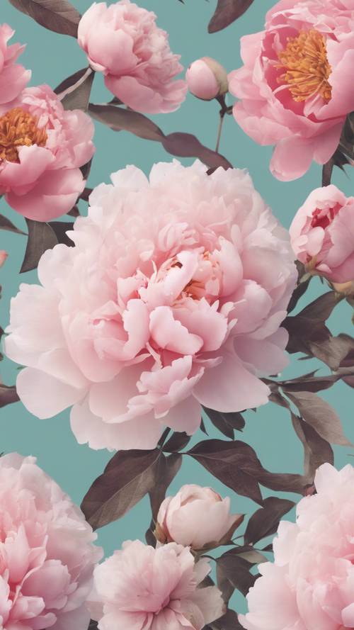 Estetyczny kolaż kwiatów w pastelowych kolorach, takich jak piwonie, róże i kwiaty wiśni.