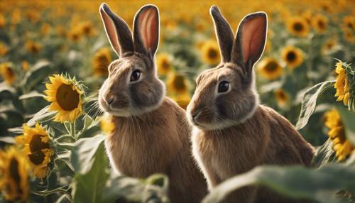 A beige rabbit with a charmingly long ear, rummaging for food among the sunflower fields at high noon.