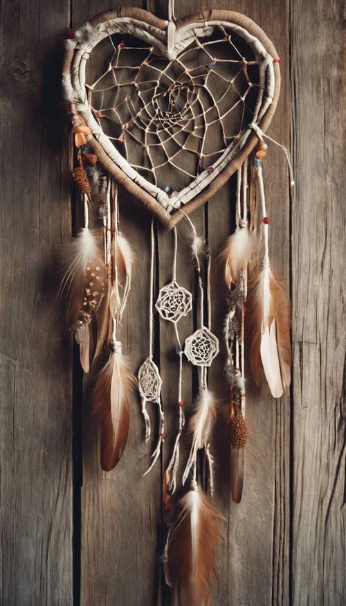 A heart-shaped dreamcatcher intricately crafted with various boho elements, hanging in front of a rustic wooden wall.