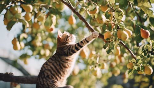 A cheeky cat trying to reach a hanging pear fruit from a tree.