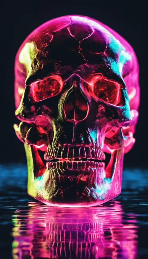 Una calavera de neón que brilla en la oscuridad con colores vibrantes que se reflejan en el agua.