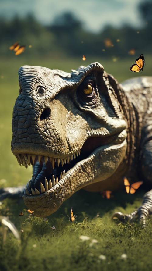 T-Rex leżący leniwie na trawiastej równinie z motylami fruwającymi wokół jego głowy.
