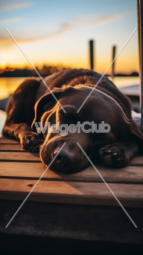 Anjing Coklat Tidur di Latar Belakang Matahari Terbenam