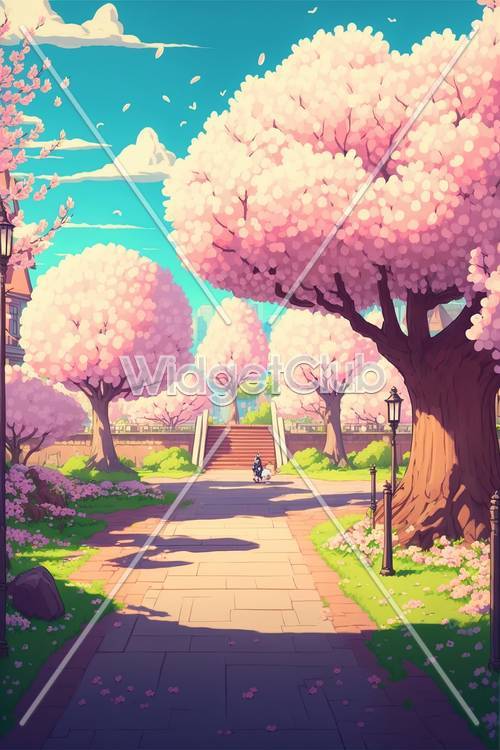 Scena w parku kwitnących wiśni idealna na Twój ekran