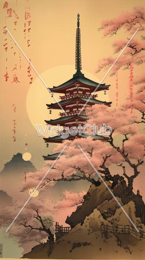 Bunga Sakura dan Pagoda Di Bawah Sinar Bulan