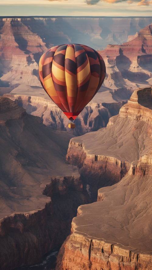 A hot air balloon flying over the epic Grand Canyon desert landscape at sunrise.