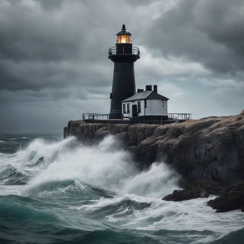 An isolated black lighthouse overlooking a tumultuous sea.