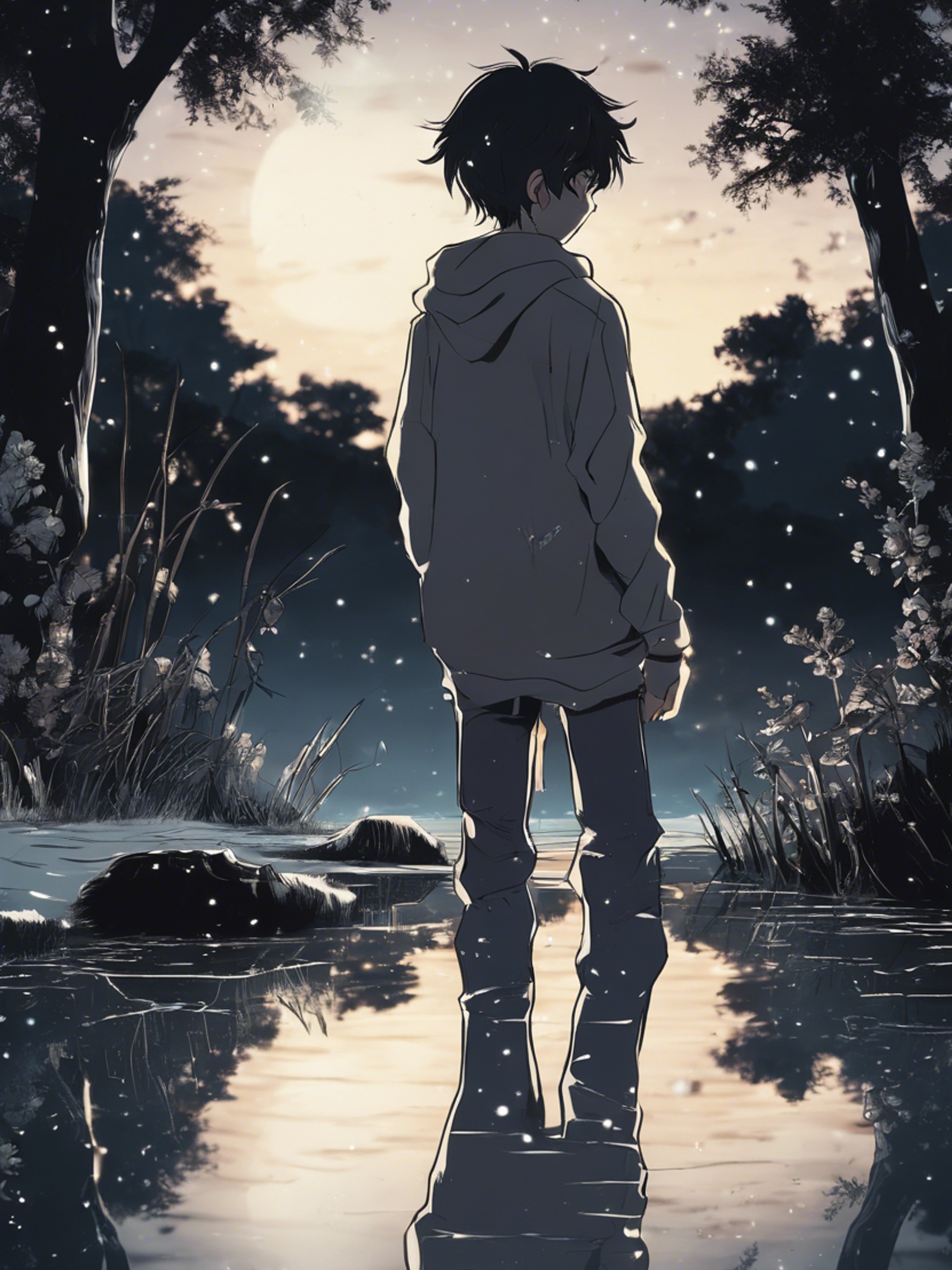 A troubled anime boy looking at his reflection in a pond under the moonlight. Wallpaper[55bb5e2deb6c4703873c]