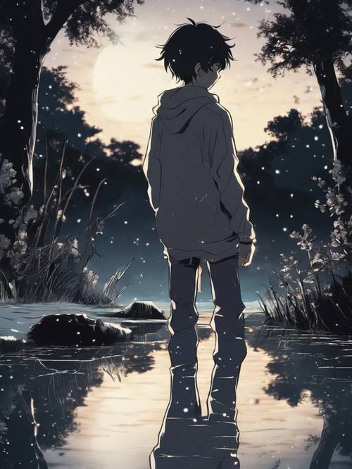 A troubled anime boy looking at his reflection in a pond under the moonlight.