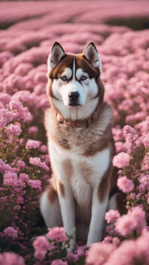 כלב האסקי סיבירי חום יושב על שדה פרחים ורודים.