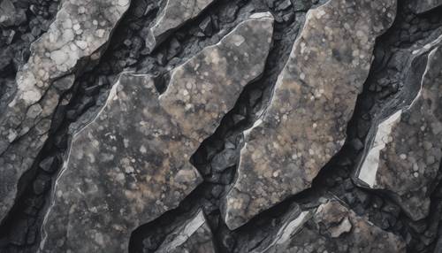 Um pedaço de mármore cinza escuro, recém-escavado em uma pedreira, com manchas de sujeira.