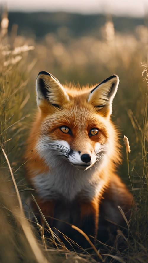 一只橙色的狐狸蹲在草丛中，准备扑向猎物，它的眼睛像两个火球一样闪闪发光”。