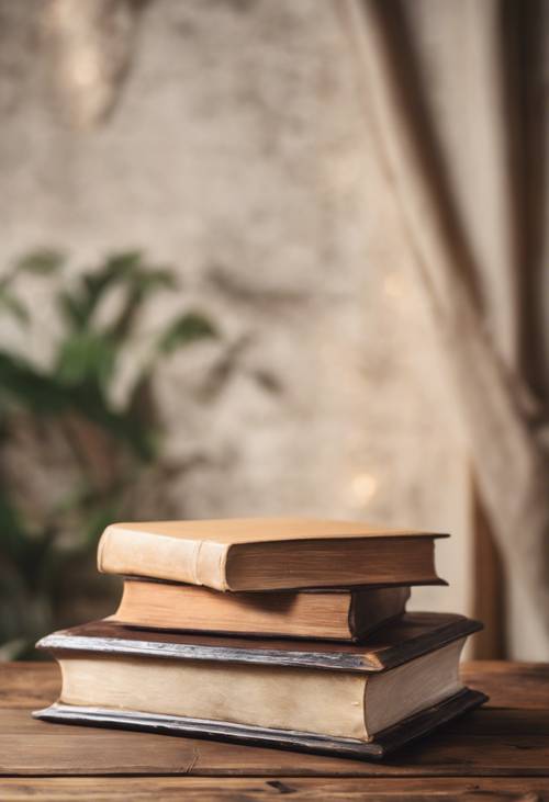 Sebuah buku bersampul kulit berwarna krem ​​​​muda diletakkan di atas meja kayu antik
