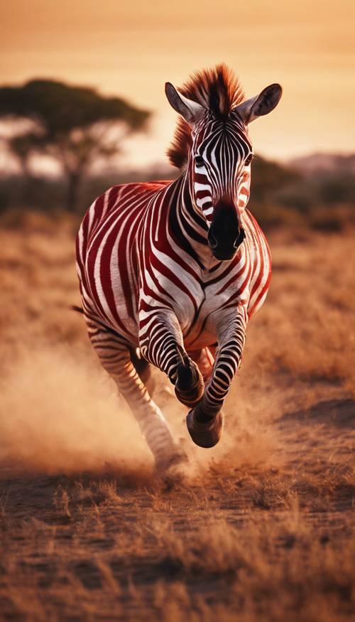 Seekor zebra merah yang megah berlari kencang melintasi dataran Afrika saat matahari terbenam.