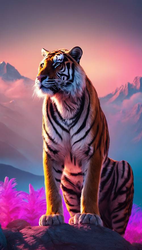 Um tigre neon isolado em pé no pico de uma montanha brilhante.