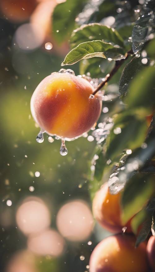 A close-up of a plump and radiant peach dripping with sweet nectar. Tapeta [047c77f7ba984c8a82f7]