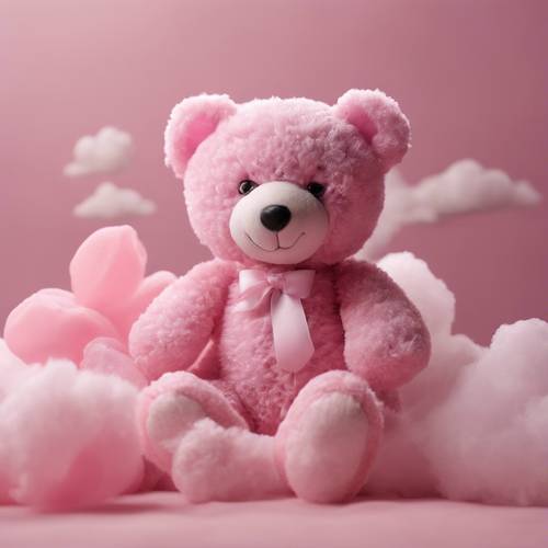 A pink teddy bear sitting on a cloud.