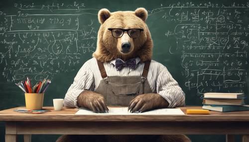 Пастельная иллюстрация медведя в очках и подтяжках, решающего сложные уравнения на доске. Обои [d77bdc51f0a34963b098]