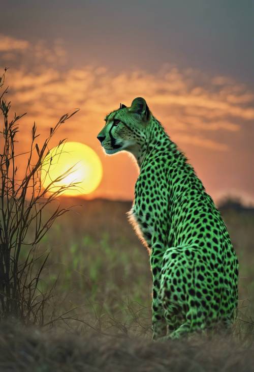 Un ghepardo verde che si staglia contro il sole al tramonto nella savana.