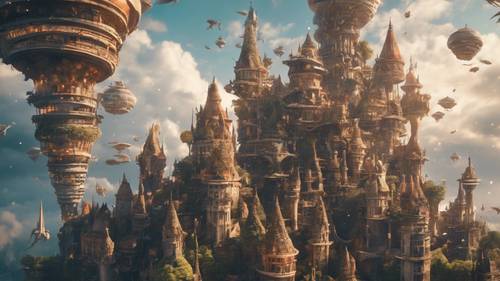 Una magica città fluttuante nel cielo con varie mitiche creature volanti che svettano tra le dettagliate torri a spirale.