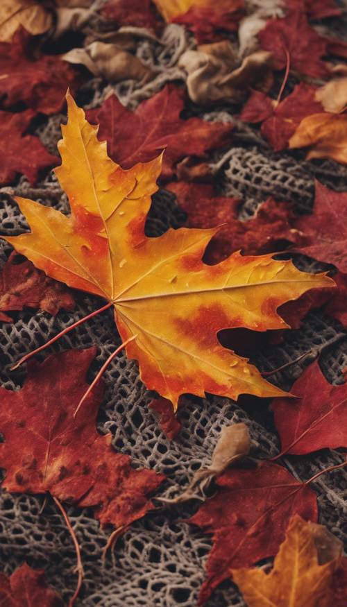 An autumn maple leaf carpeted in red, orange, and yellow hues, adorned with boho patterns.
