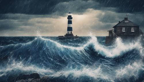 Sağda bir deniz feneri bulunan, fırtına sırasında lacivert bir denizin dokulu tablosu.