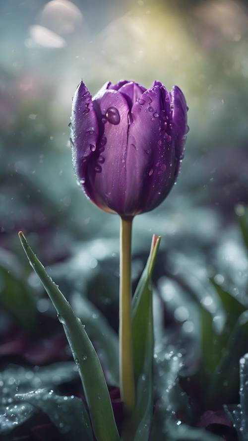 A photo-realistic image of a perfectly formed, dew-covered purple tulip with leaves.