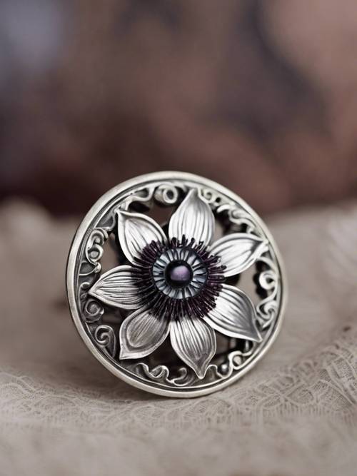An antique silver brooch with an intricate carving of a dark passion flower.