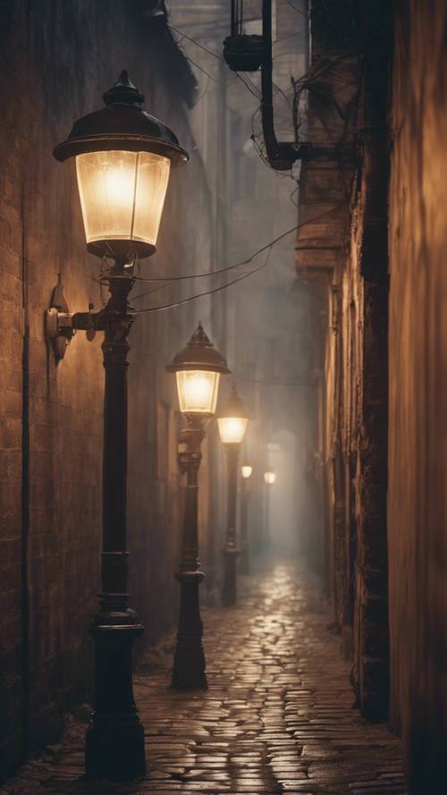 Une scène onirique et maussade d’une ruelle brumeuse et déserte d’une vieille ville, éclairée uniquement par la douce lueur de lampadaires vintage.