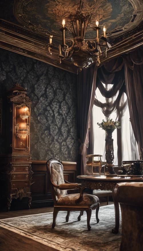 A Victorian room with dark damask wallpaper and heavy, intricate wooden furniture. Tapet [7b4c2cf5201f48f8baec]