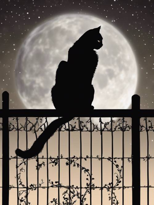 The silhouette of a lithe, black cat sitting on a fence under a full moon.