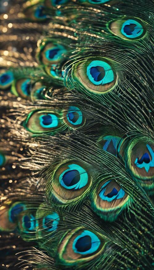 きらめく青と緑の孔雀の羽のアップ画像