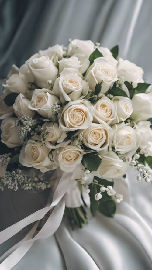 A wedding bouquet elegantly made with dainty white roses and bound with a satin ribbon.