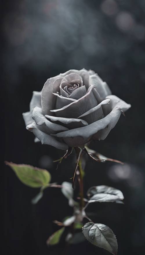 מבט מקרוב של ורד אפור עדין הפורח על רקע כהה.