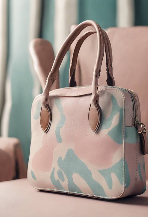 A pastel cow print pattern on a fancy leather handbag.