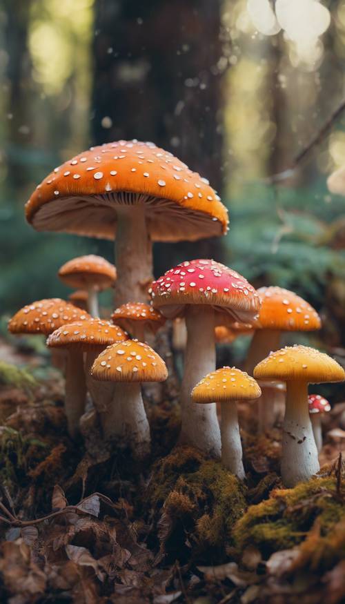 Um conjunto de cogumelos de cores psicodélicas no estilo dos anos 70 em um cenário de floresta brilhante e extravagante.