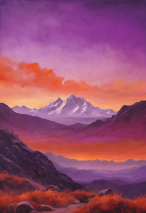Uma pintura surreal inspirada em Frederic Church de uma paisagem montanhosa roxa sob um céu laranja.